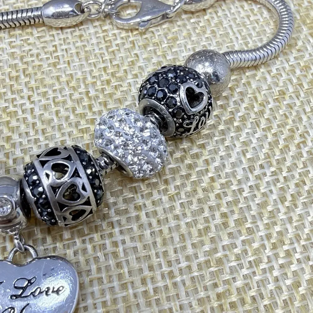 Sterling Silver Fiora Italy Love Charm Bracelet Black White Rhinestone 7 inch